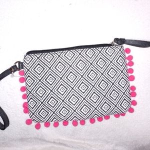 American Eagle Wristlet Purse Makeup Pouch Geo Print Pink Pom-Poms NWOT